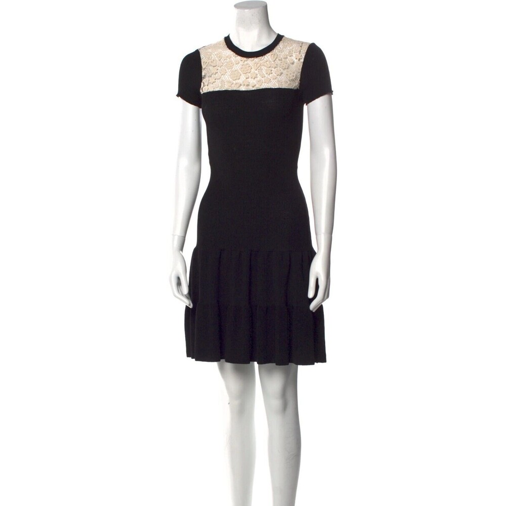 $750 RED VALENTINO Lace Yoke Rib-knit Dress Black Sz XS black - Picture 5 of 7